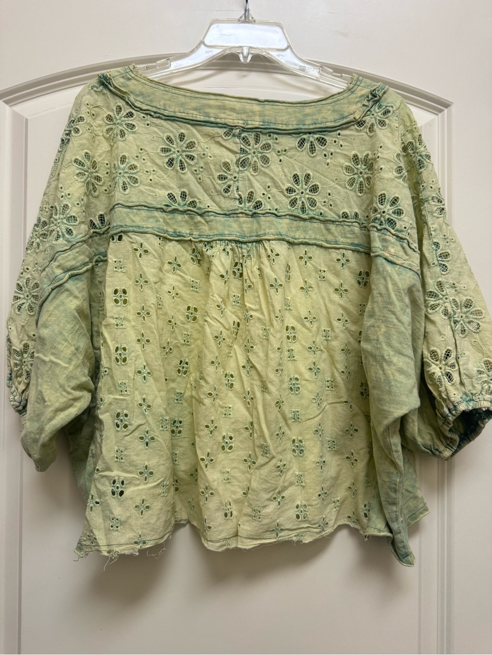 Light Green Embroidered Women’s Blouse - Boho Eyelet Top - Picture 2 of 3